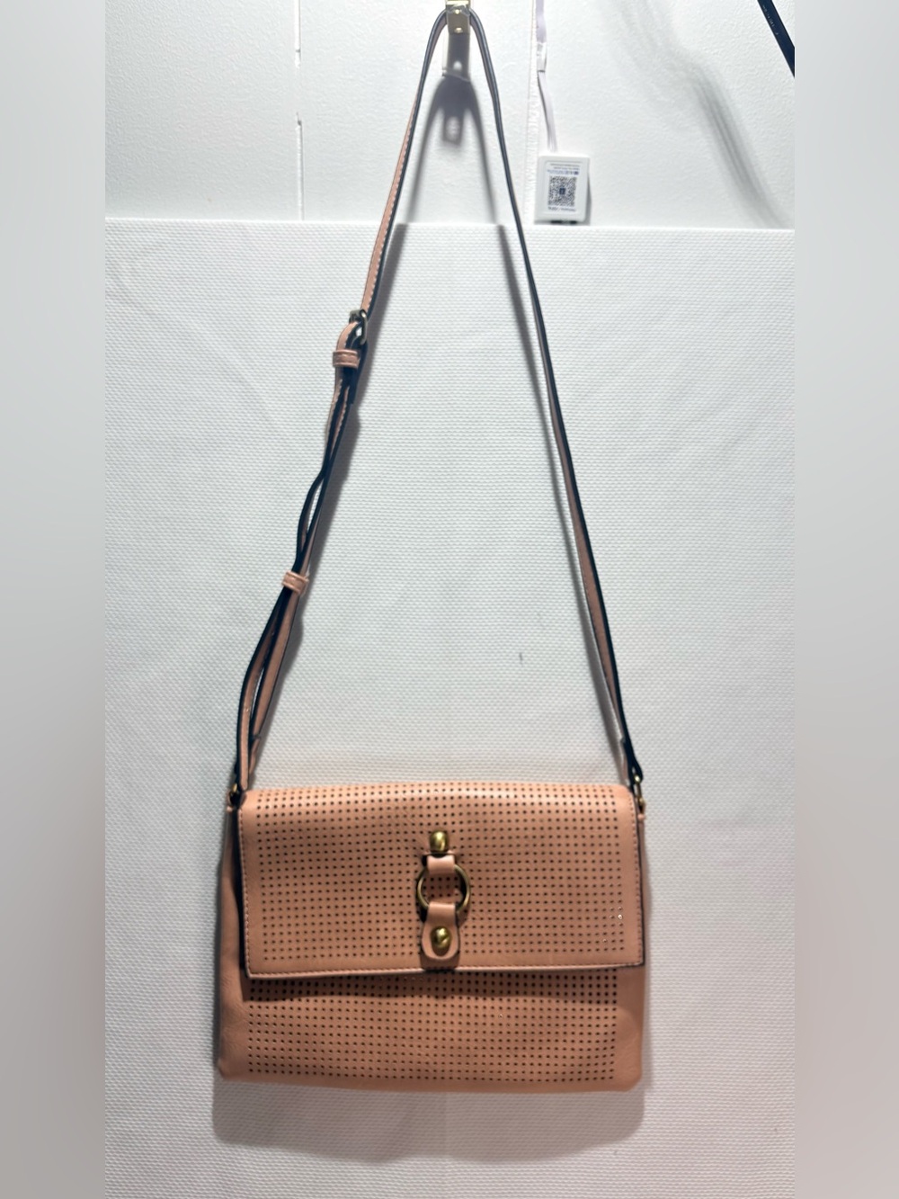 CAbi Peach Perforated Crossbody with Brass Hardware